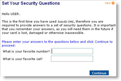 Set Your Security Questions page with fields for entering answers to example security questions and a Continue button at the bottom of the screen